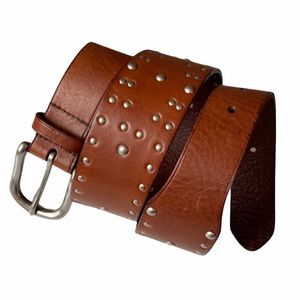 Silver Studded Leather Belt Women’s Size Small Cognac Brown Brass Buckle Rodeo